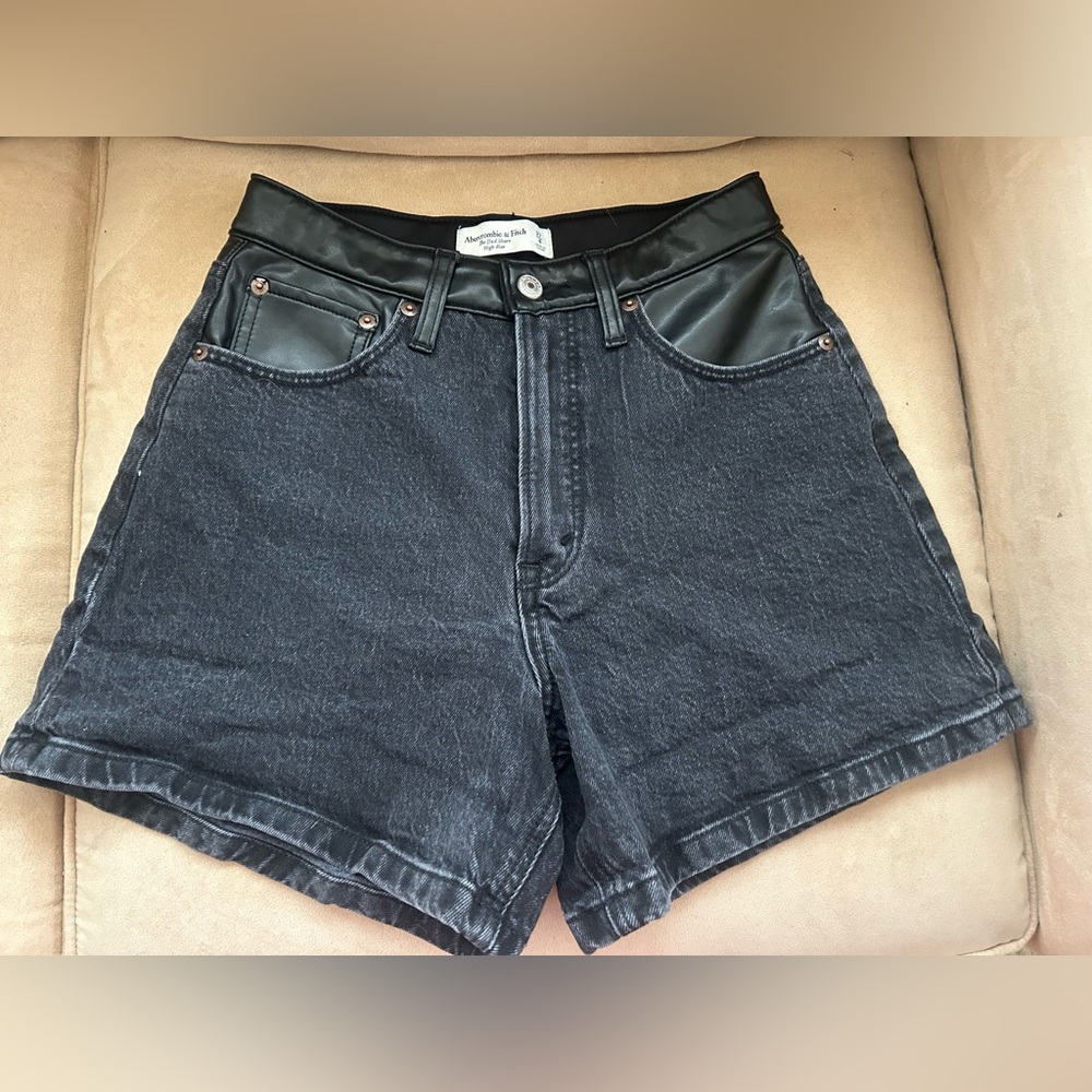 Abercrombie & Fitch Black Denim Shorts with Faux Leather Waistband